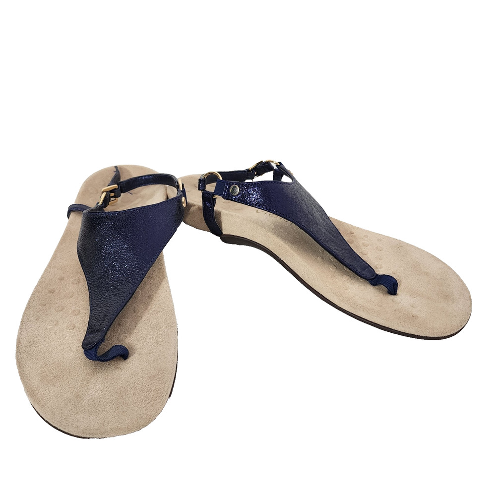 Vionic Kirra Metallic Navy Blue Sandals 9.5 Wide Leather Comfort Orthotic Thong